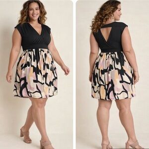 NWT Lascana Venus Dress Blue Multi Fit & Flare V-neck Cocktail Party Garden 2X